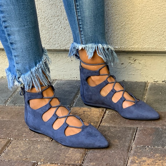 Denim Blue Pointy Toe Lace Up Classic Ballet Flats - Picture 4 of 8